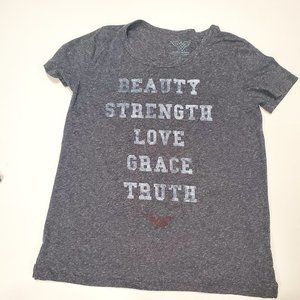Women's Wonder Woman large gray Beauty Strength Love Grace Truth casual t shirt